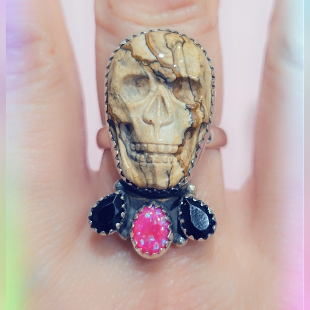 Opal, Onyx & Jasper Skull Sterling Gemstone Ring